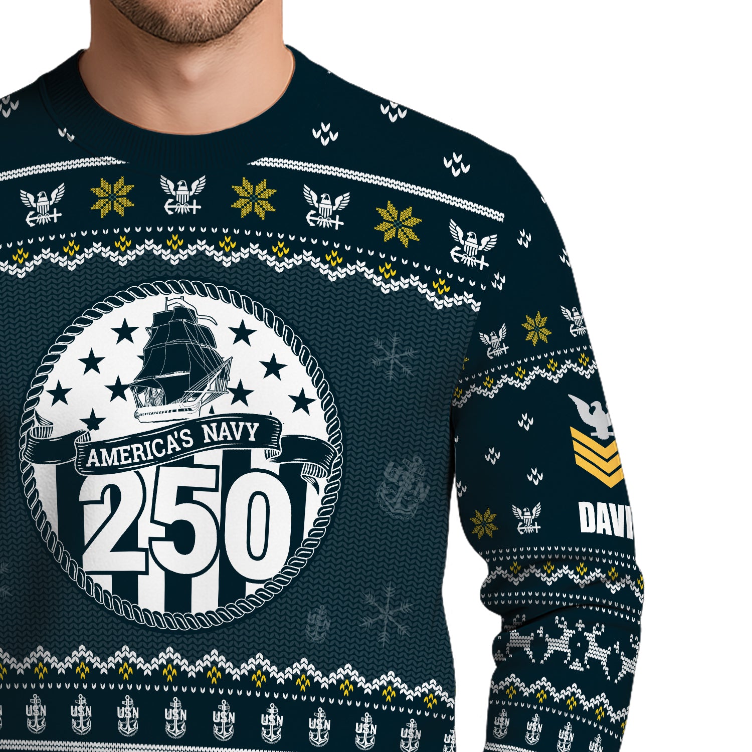 Custom Ranks And Text US Navy Ugly Christmas Sweater for Women Men JUST02