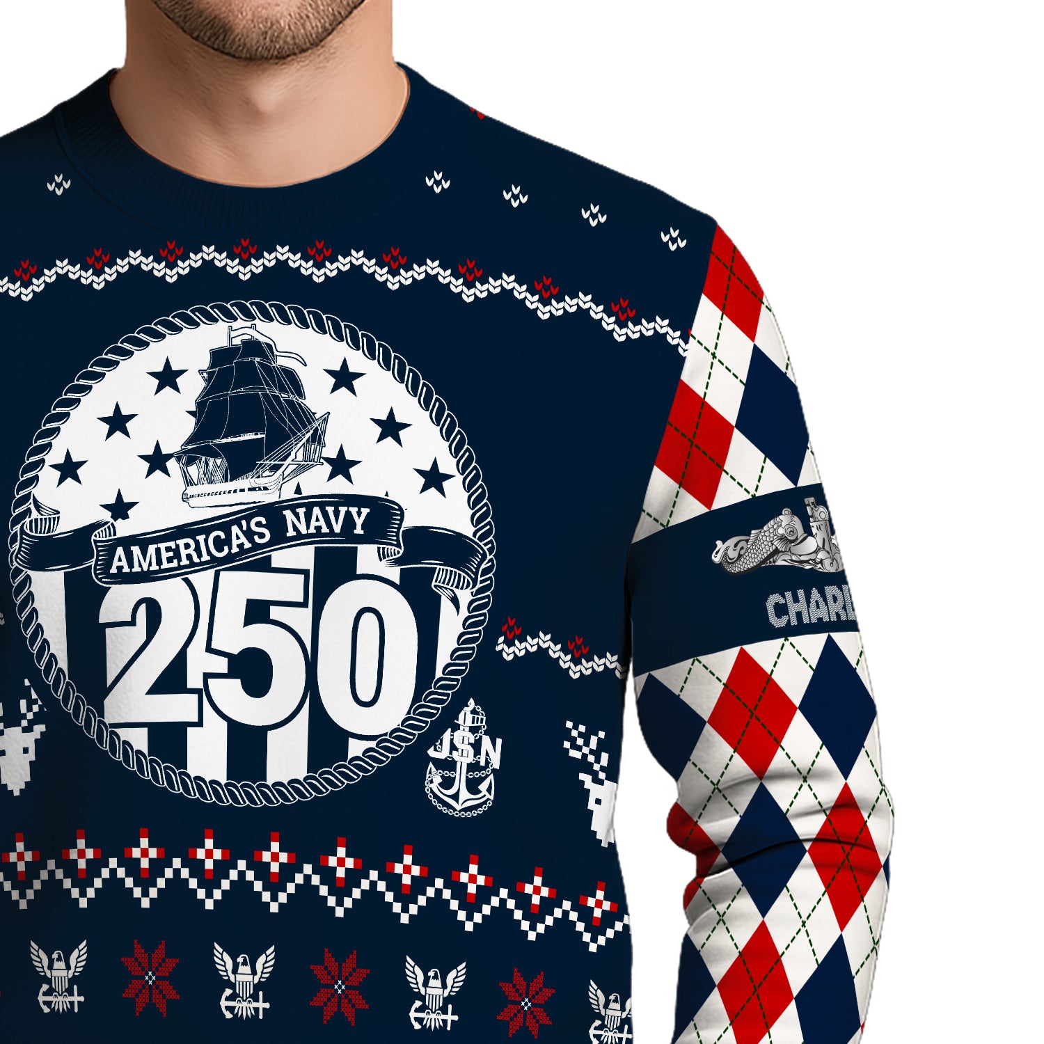 Custom Ranks And Text US Navy Ugly Christmas Sweater for Women Men JUST05