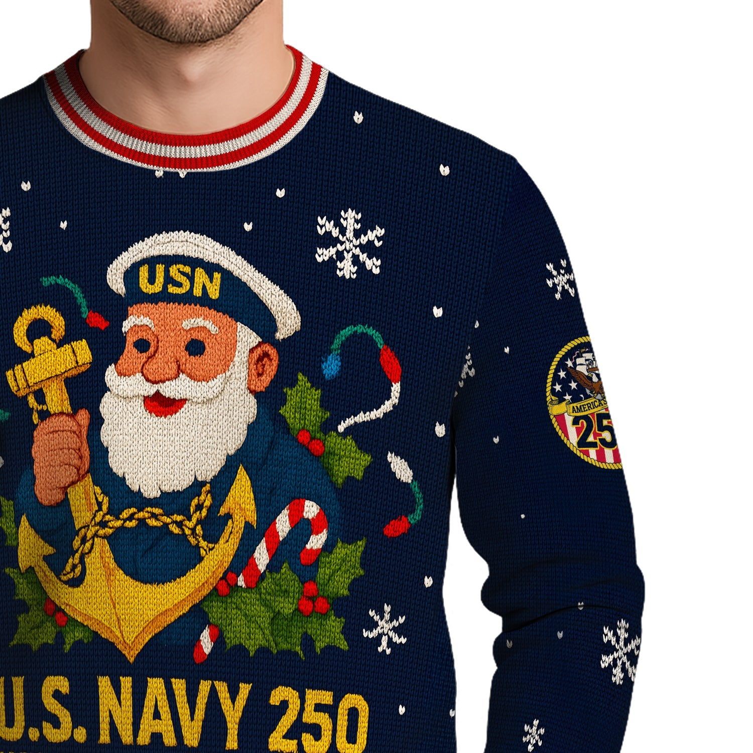 US Navy 250 Anchored In Christmas Spirit Christmas Ugly Sweater