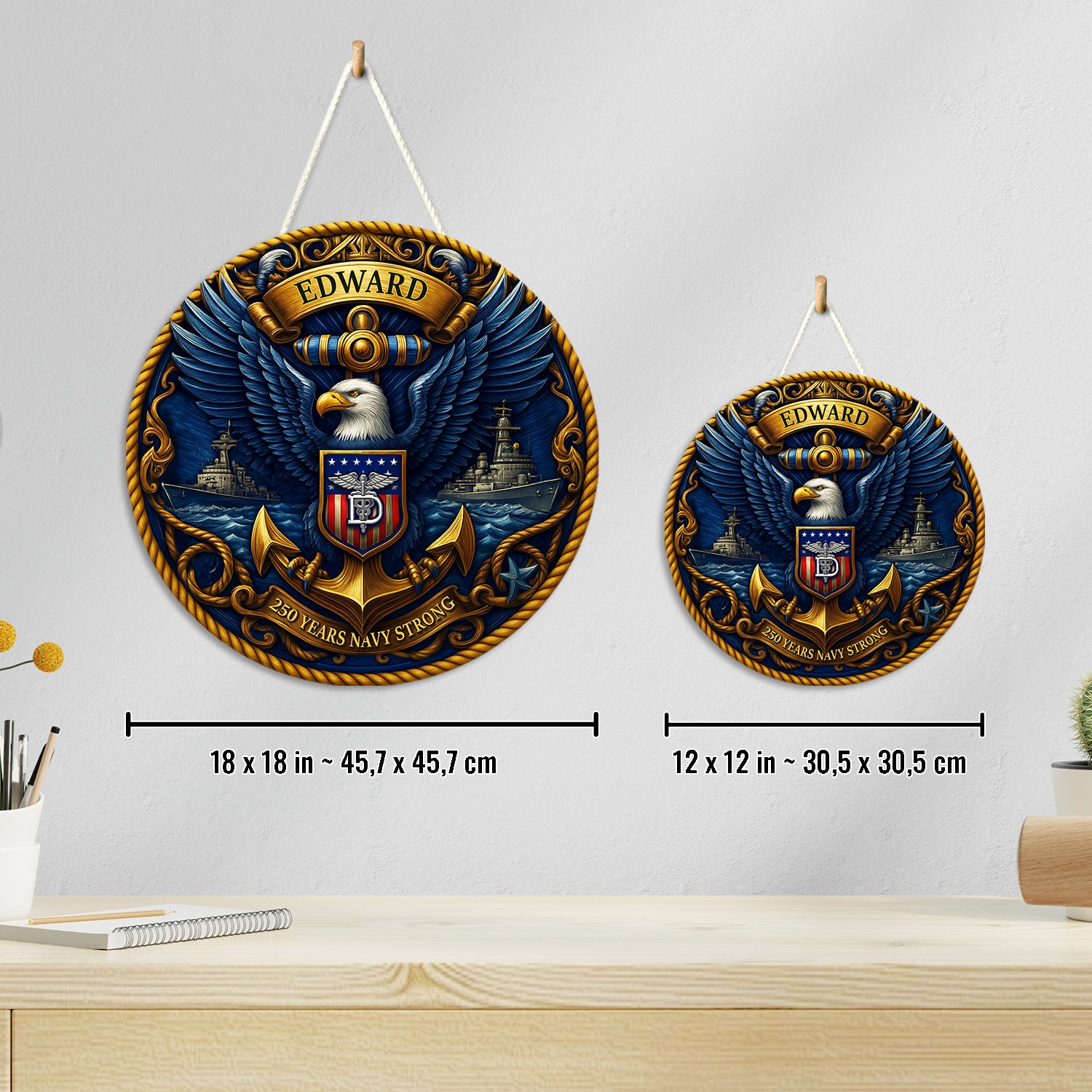 US Navy 250 Years Strong Eagle Round Sign – Personalized Navy Pride Wall Art