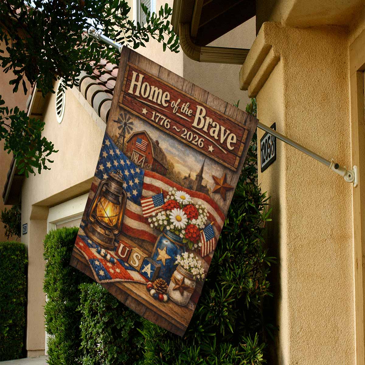 Patriotic Farmhouse House Flag America 250 USA Home of the Brave Decor