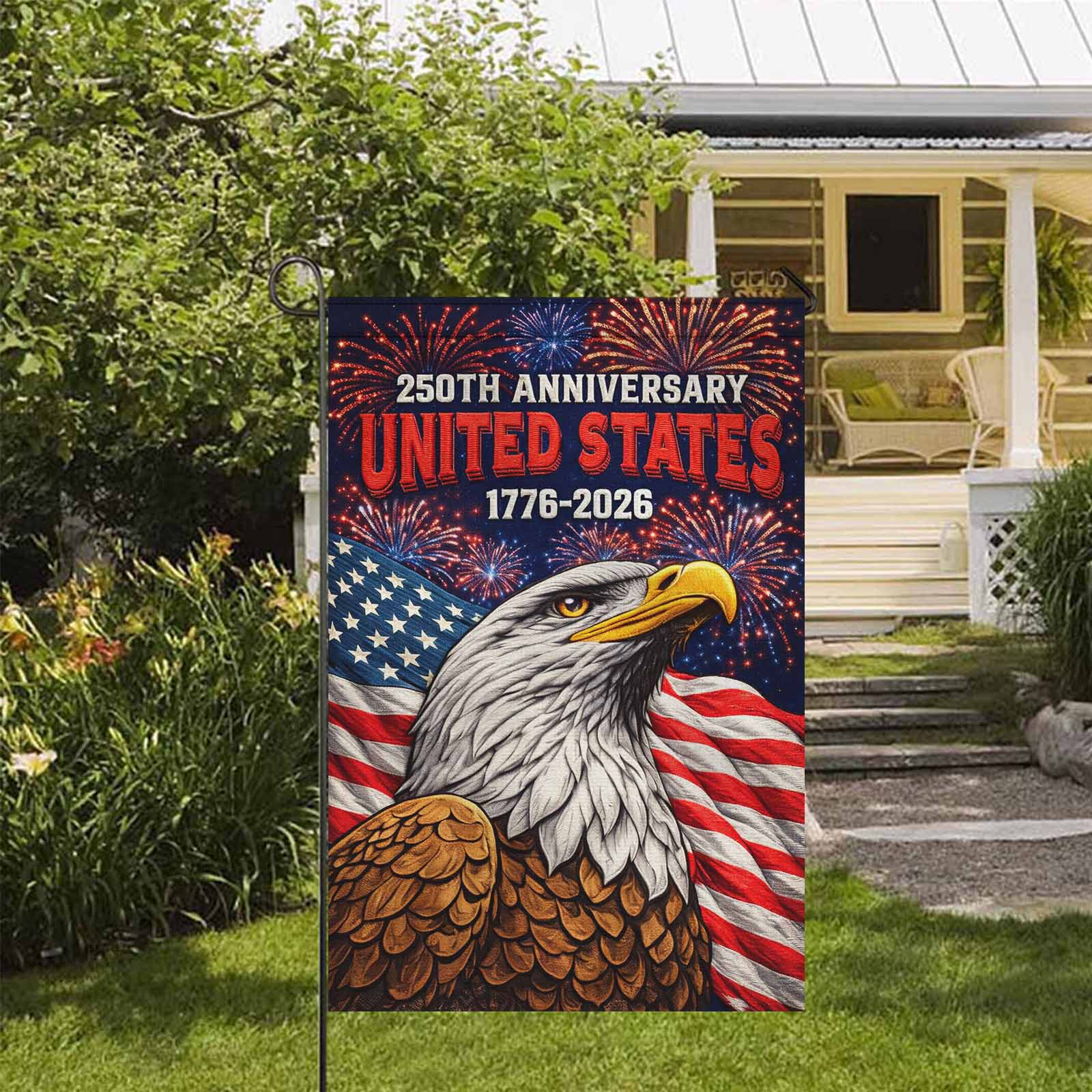 USA 250 Garden Flag Patriotic Eagle Independence Fireworks 1776-2026 Decor