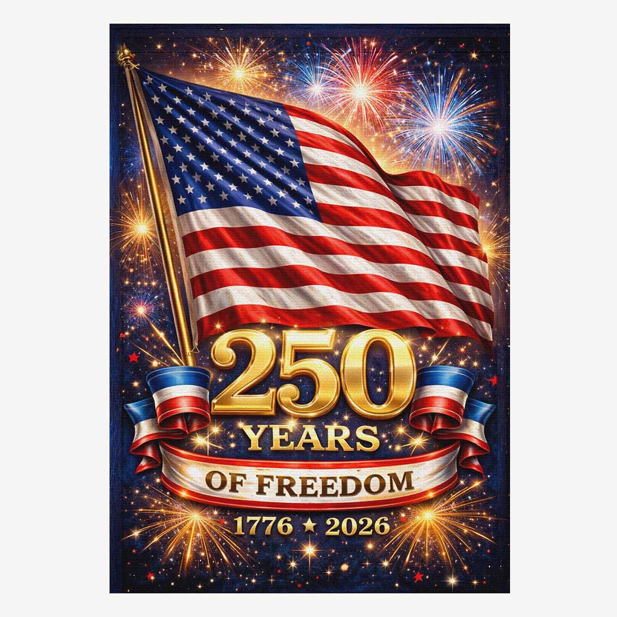 America 250 Years of Freedom House Flag 1776–2026 – Patriotic Fireworks Outdoor Banner