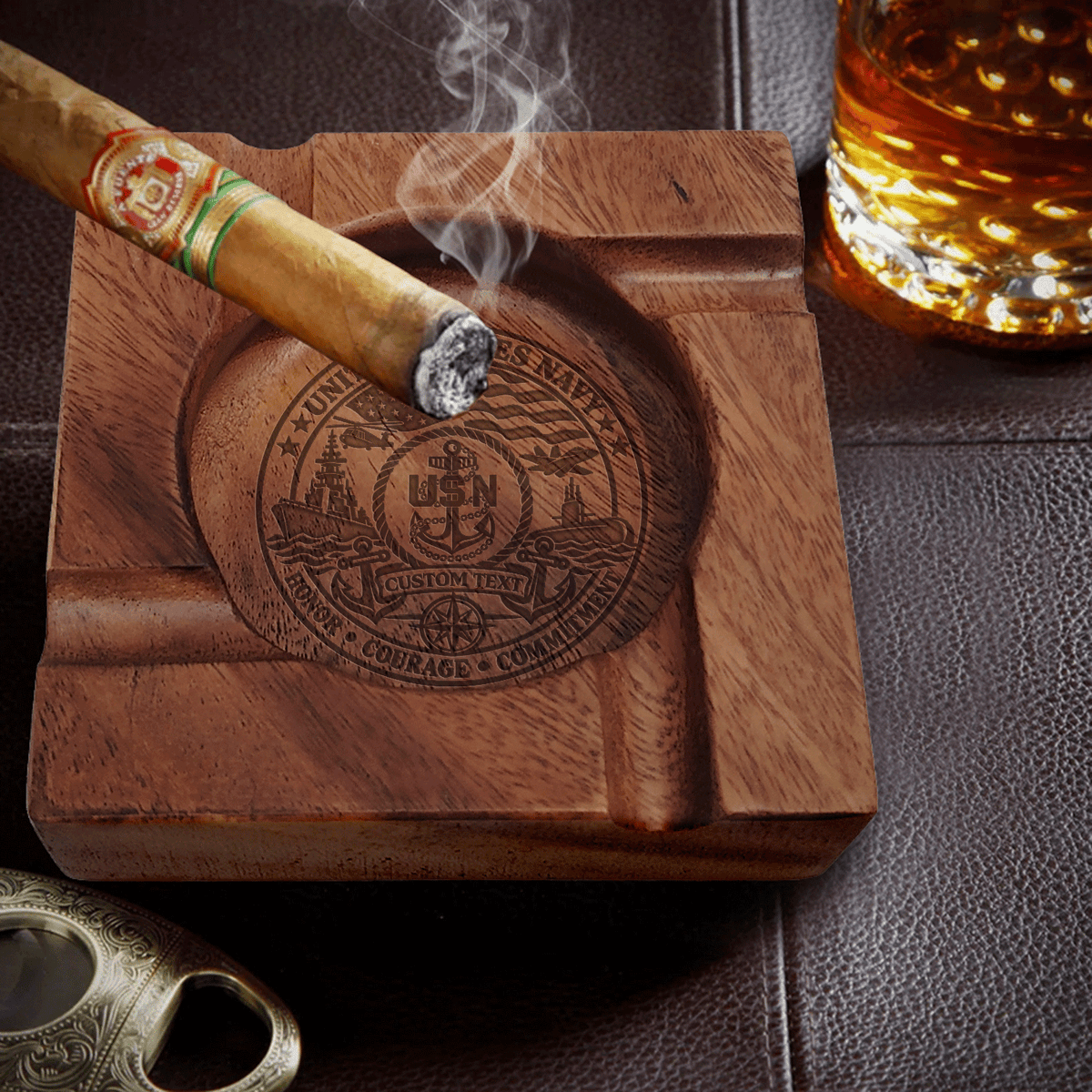 U.S. Navy Walnut Cigar Ashtray Custom Rank Text Veteran Gift