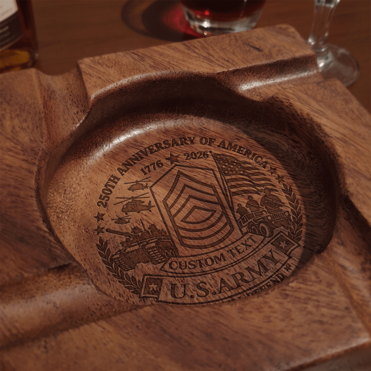 U.S. Army Cigar Ashtray Personalized Rank Text Veteran Gift