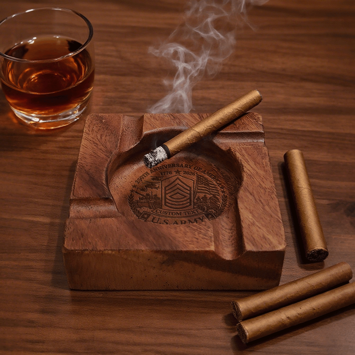 U.S. Army Cigar Ashtray Personalized Rank Text Veteran Gift