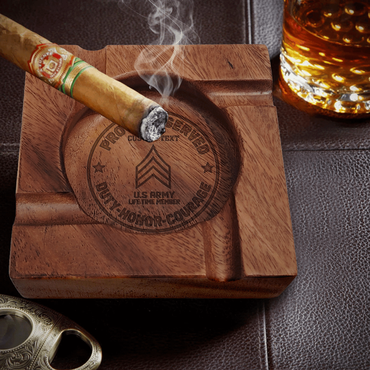 Custom U.S. Army Cigar Ashtray Personalized Military Rank and Text