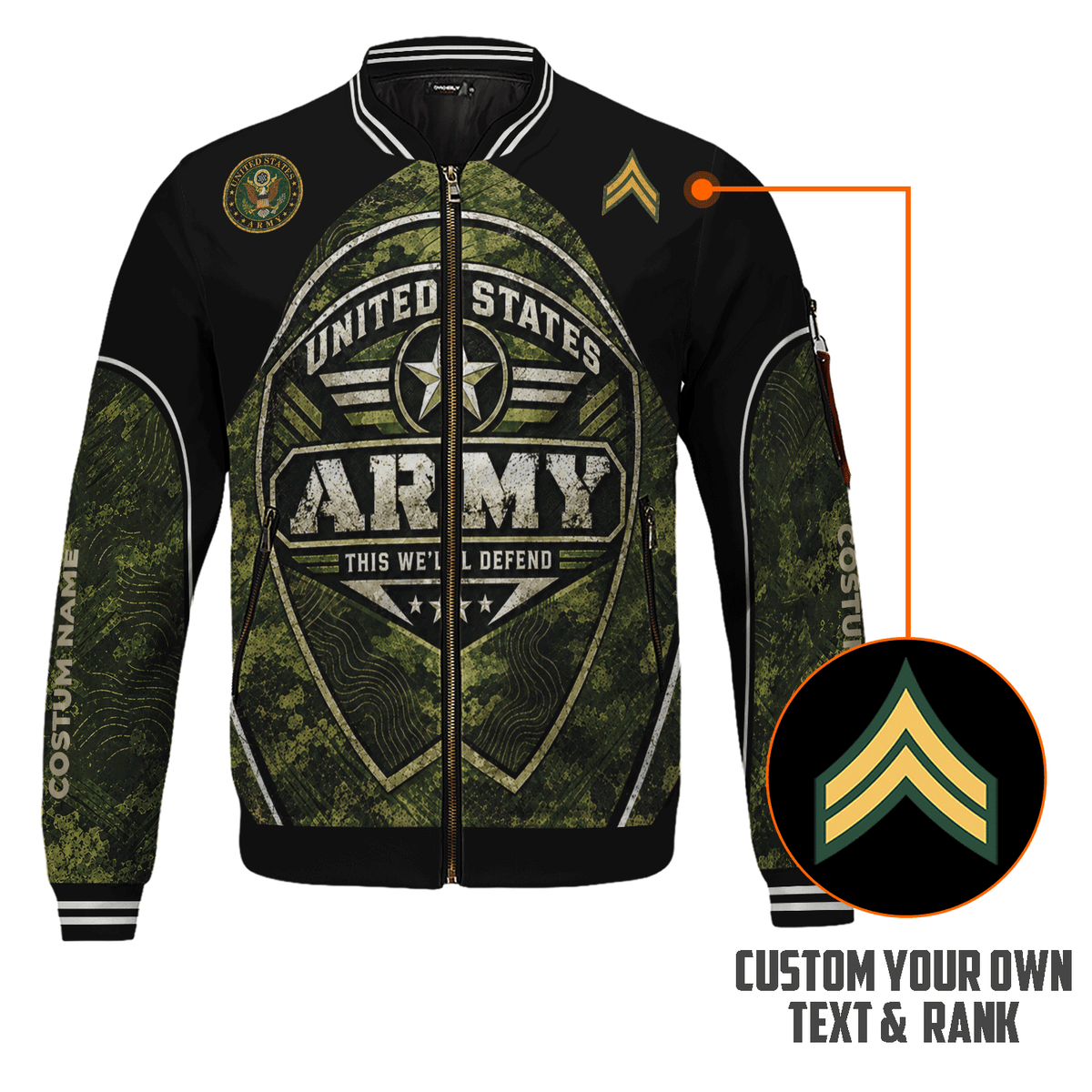 Custom U.S. Army Bomber Jacket Personalized Military Rank Text for Men