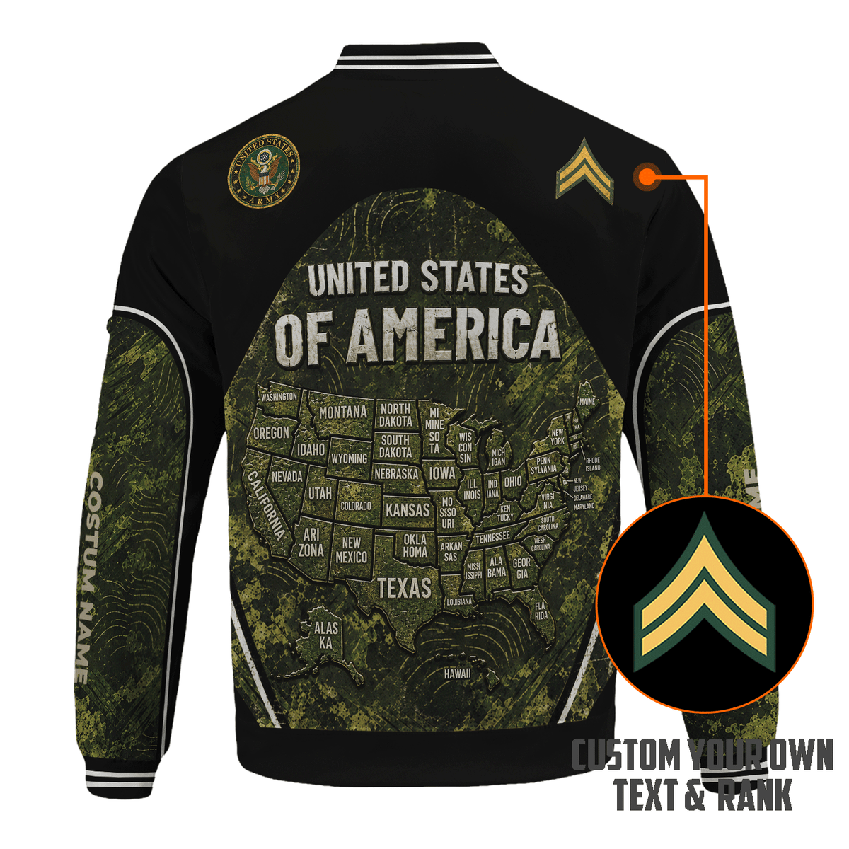 Custom U.S. Army Bomber Jacket Personalized Military Rank Text for Men