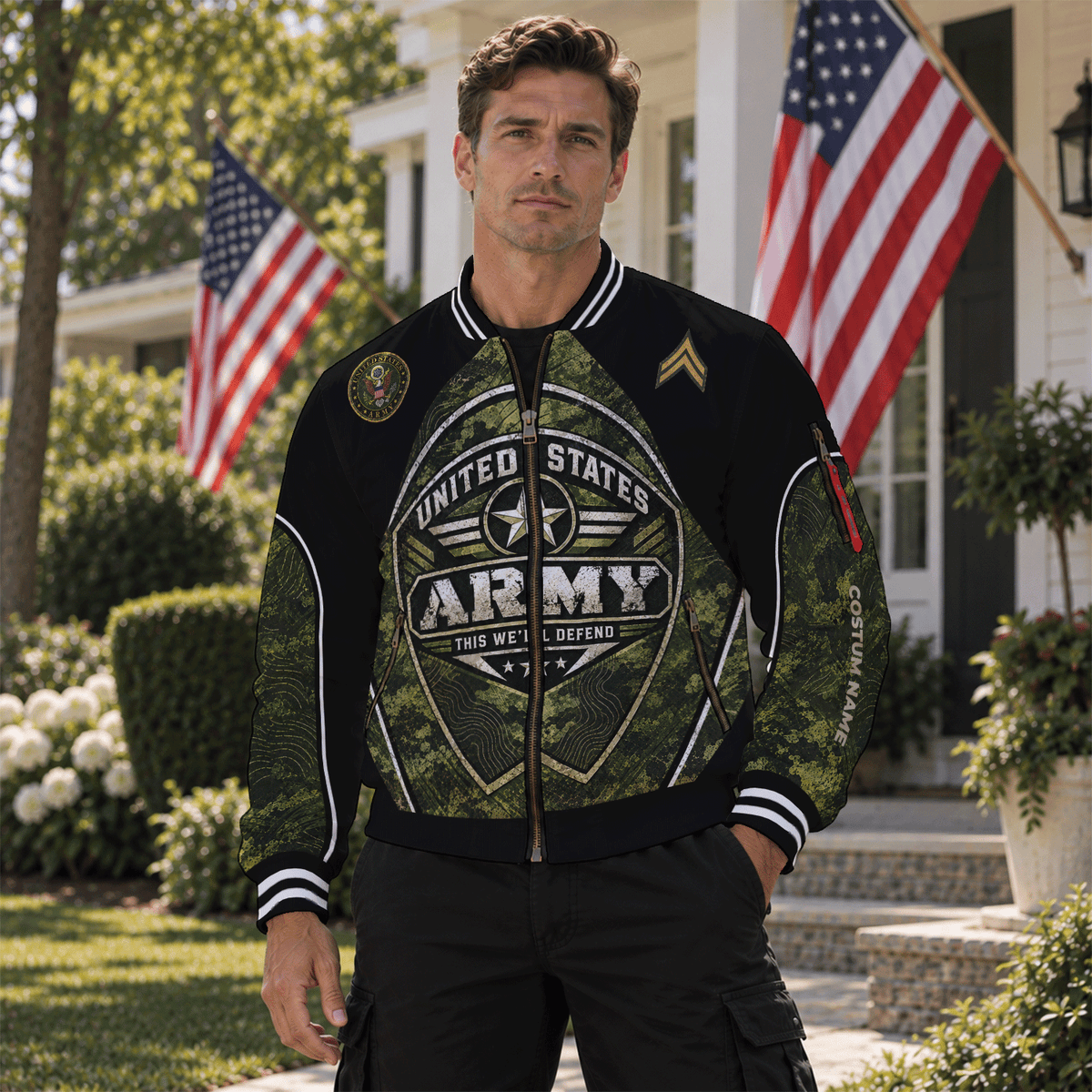 Custom U.S. Army Bomber Jacket Personalized Military Rank Text for Men