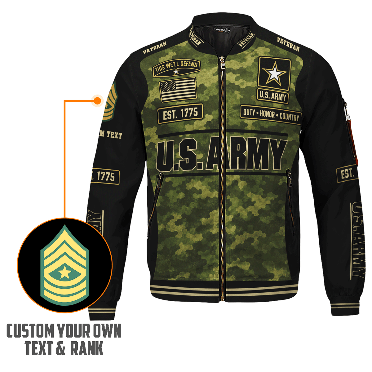 Personalized Army Veteran Bomber Jacket Custom Service Rank & Name
