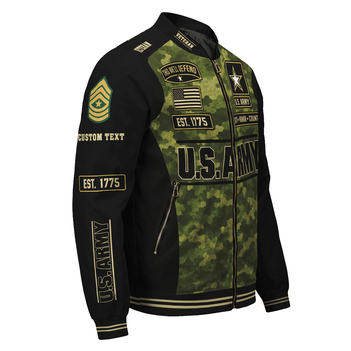 Personalized Army Veteran Bomber Jacket Custom Service Rank & Name