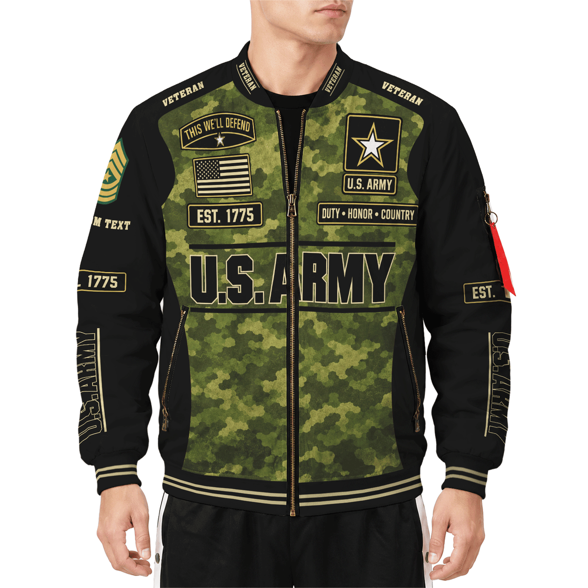 Personalized Army Veteran Bomber Jacket Custom Service Rank & Name