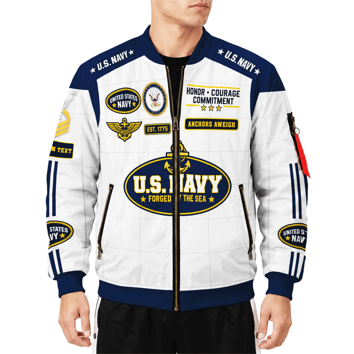 Personalized Navy Veteran Bomber Jacket Custom Service Rank & Name