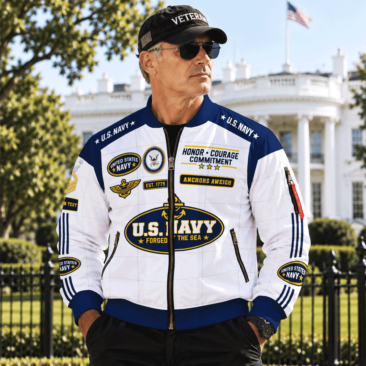 Personalized Navy Veteran Bomber Jacket Custom Service Rank & Name