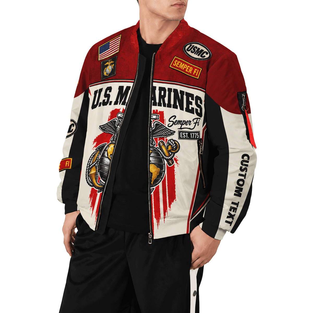 Personalized U.S. Marine Corps Bomber Jacket Custom Rank & Text Veteran Gift