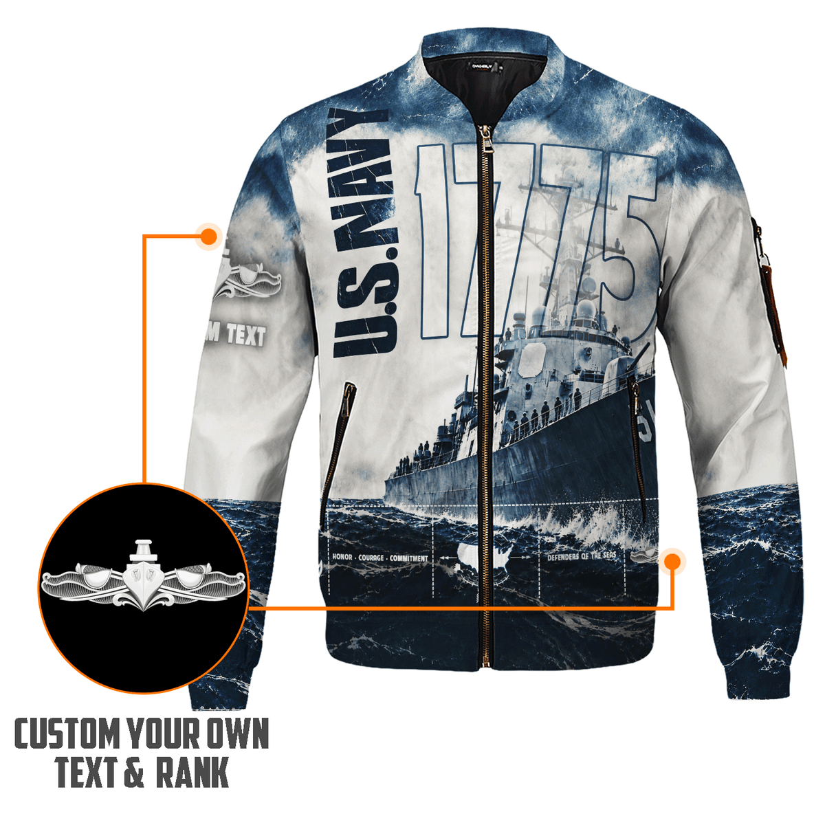 U.S. Navy Veteran Bomber Jacket Custom Military Rank & Text