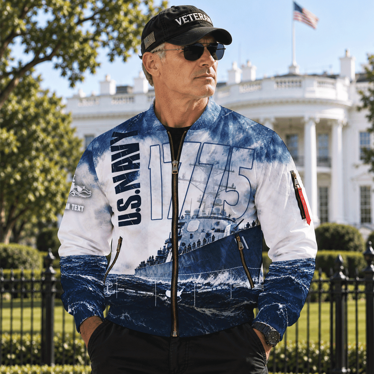 U.S. Navy Veteran Bomber Jacket Custom Military Rank & Text