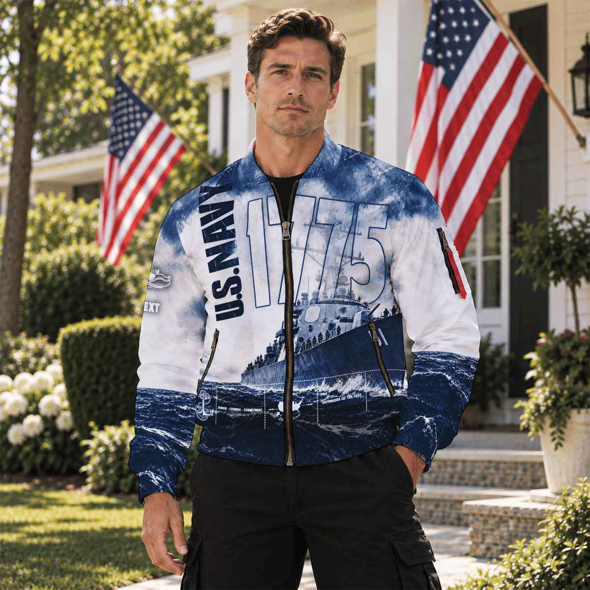 U.S. Navy Veteran Bomber Jacket Custom Military Rank & Text