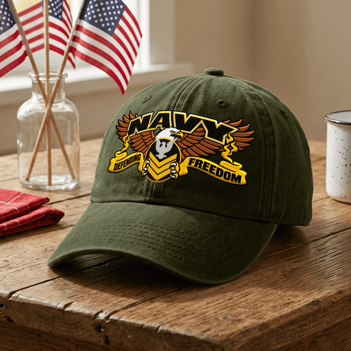 Custom Navy Veteran Washed Cap Personalized Military Rank and Text