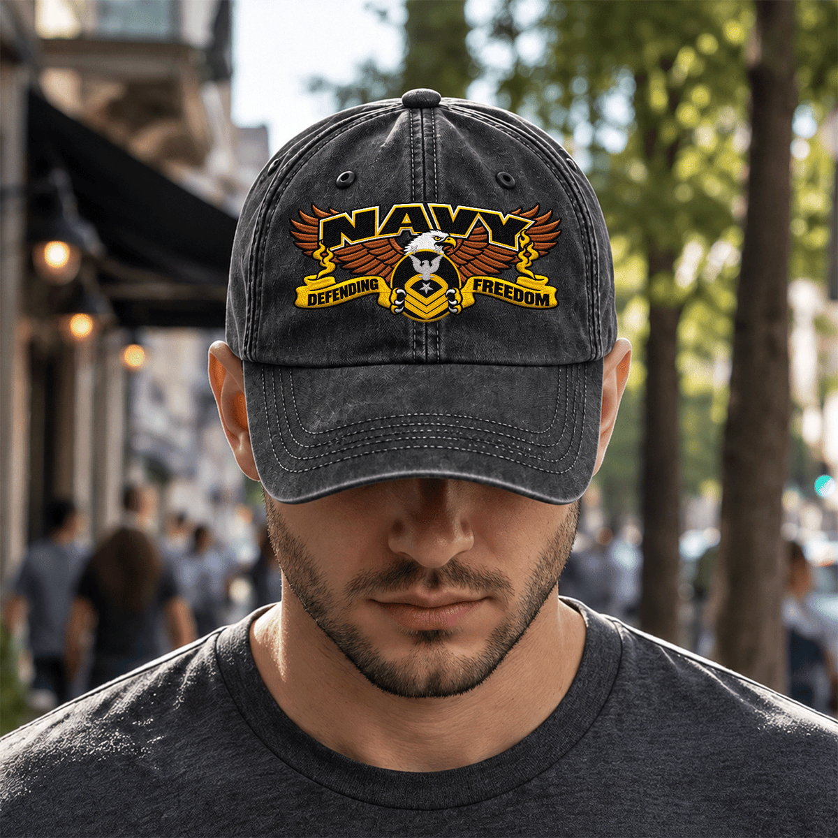 Custom Navy Veteran Washed Cap Personalized Military Rank and Text