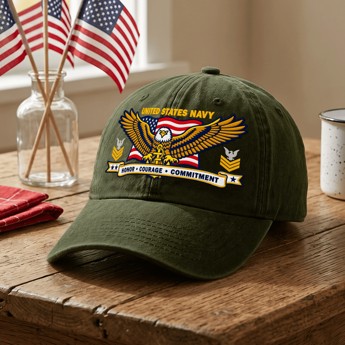 Personalized U.S. Navy Cotton Cap Custom Rank and Text