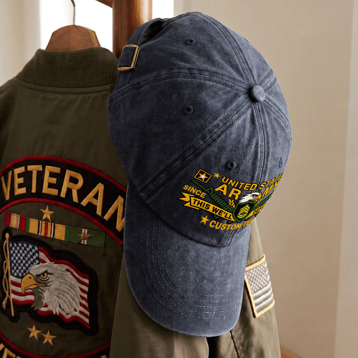 Personalized Army Military Washed Cap Custom Rank and Text