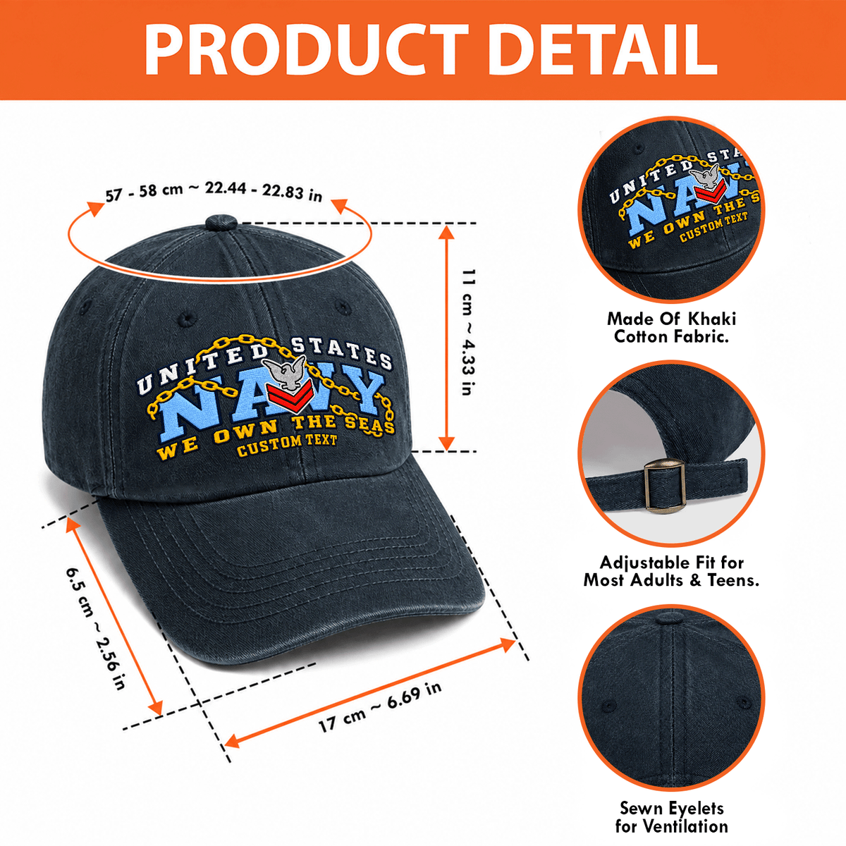 U.S. Navy Washed Cap Personalized Rank Text Military Gift
