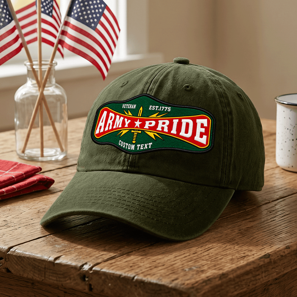 U.S. Army Embroidered Washed Hat Custom Military Rank and Text