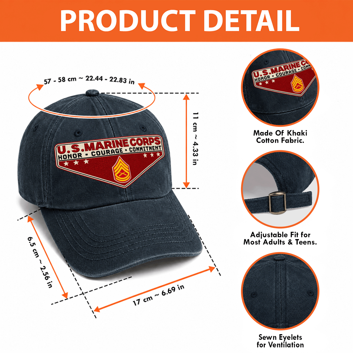 Personalized USMC Military Washed Cap Custom Rank and Text