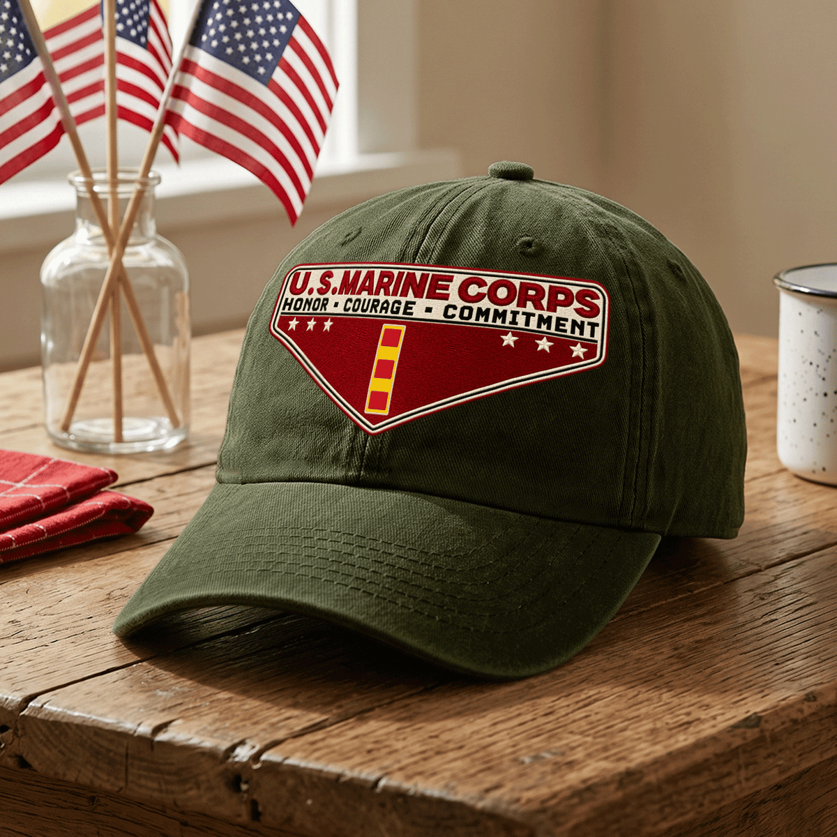 Personalized USMC Military Washed Cap Custom Rank and Text