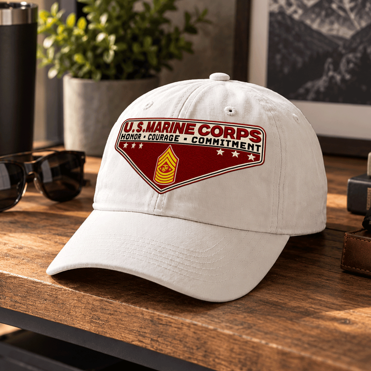 Personalized USMC Military Washed Cap Custom Rank and Text