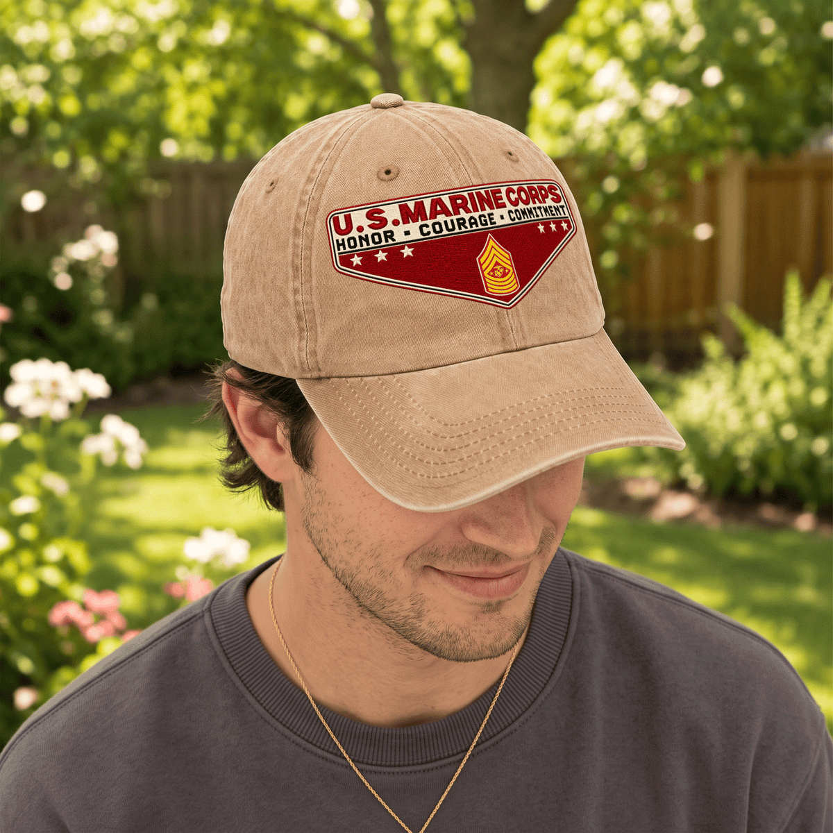 Personalized USMC Military Washed Cap Custom Rank and Text