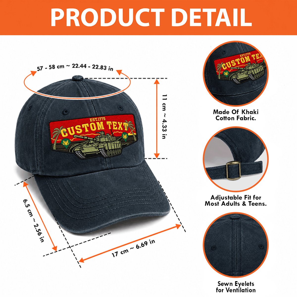 Custom Army Cotton Cap Personalized Rank and Custom Text Gift