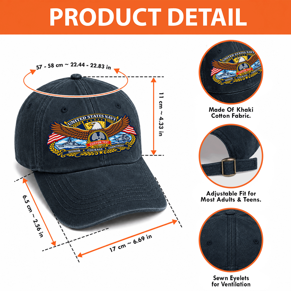 Custom Navy Embroidered Hat Personalized Veteran Rank and Text