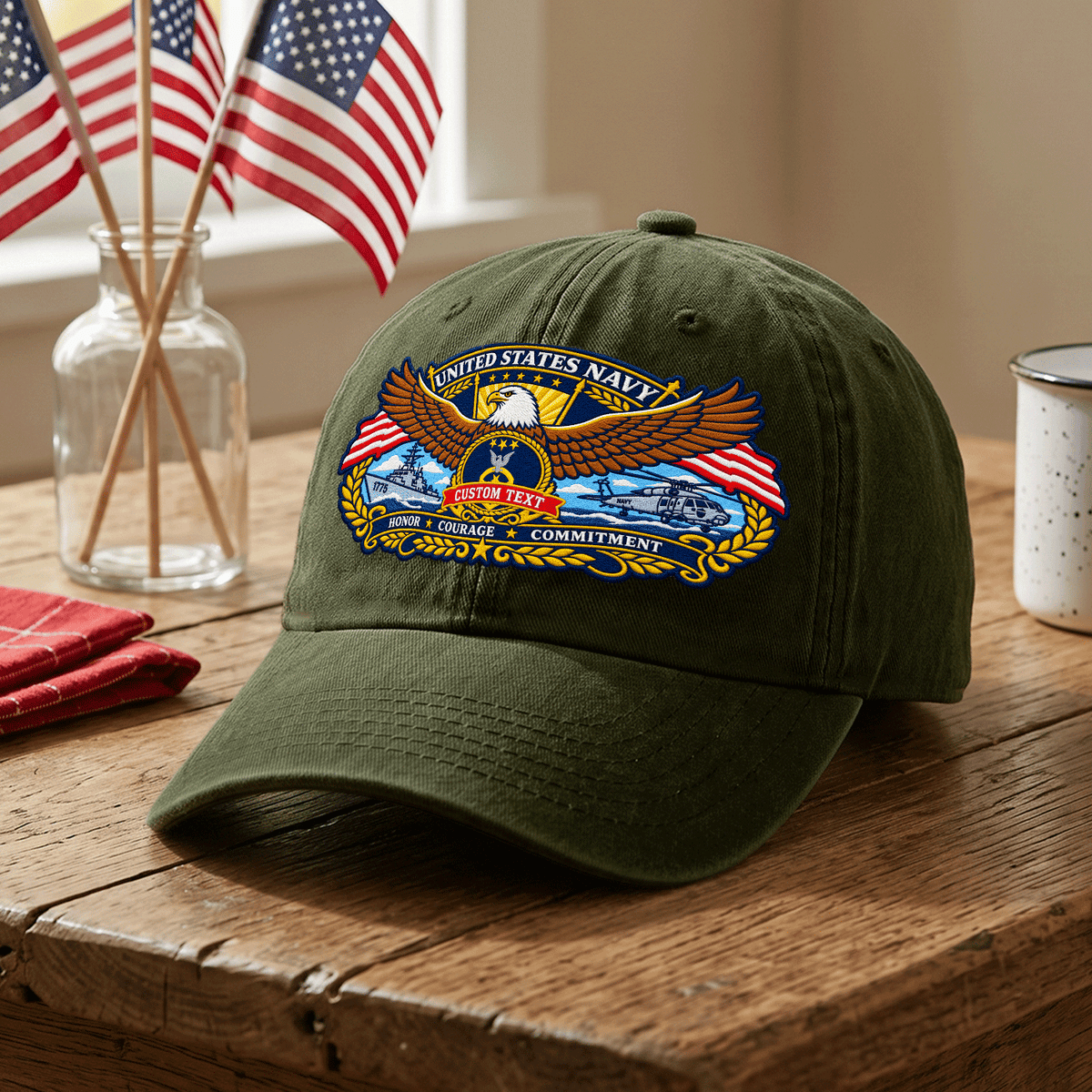 Custom Navy Embroidered Hat Personalized Veteran Rank and Text