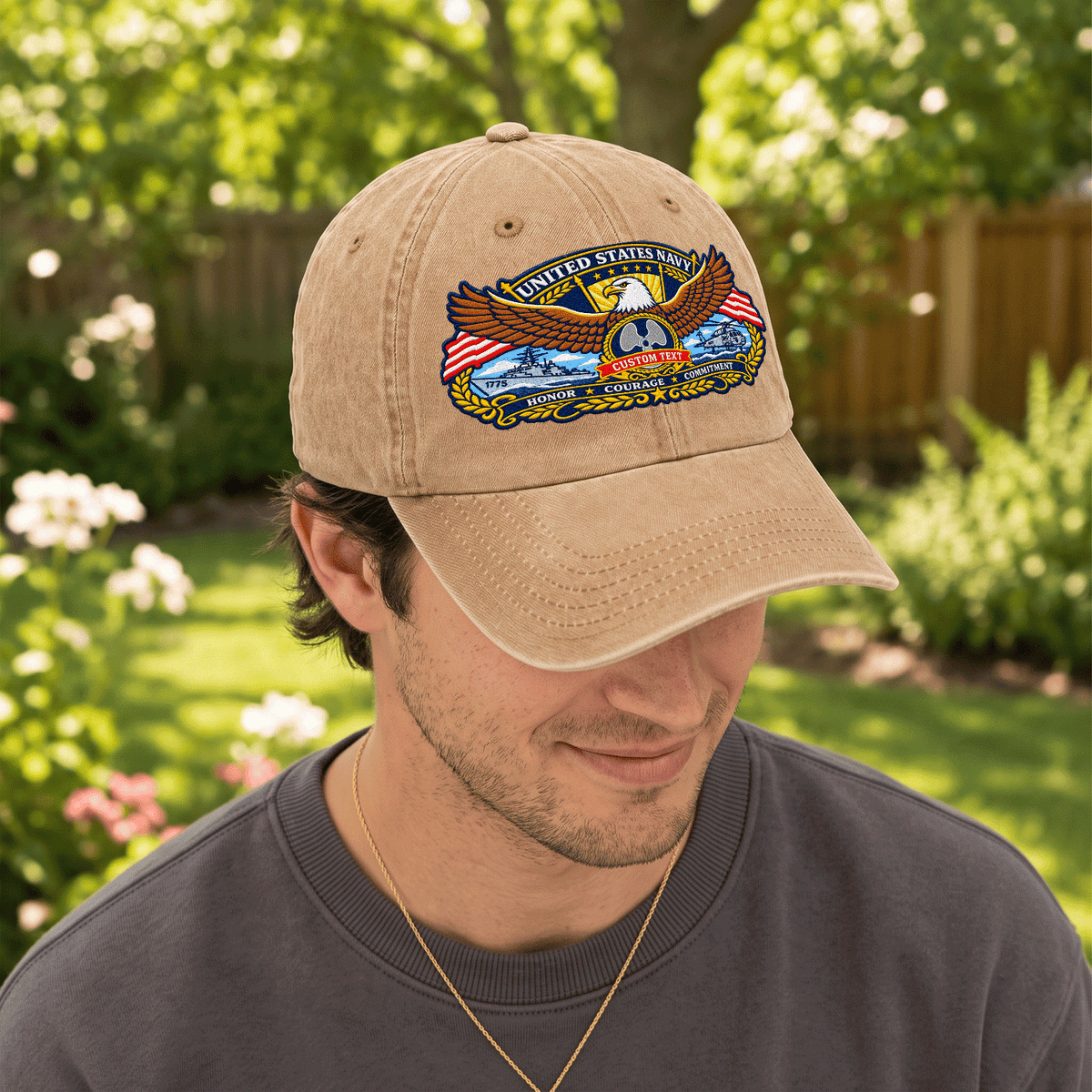 Custom Navy Embroidered Hat Personalized Veteran Rank and Text