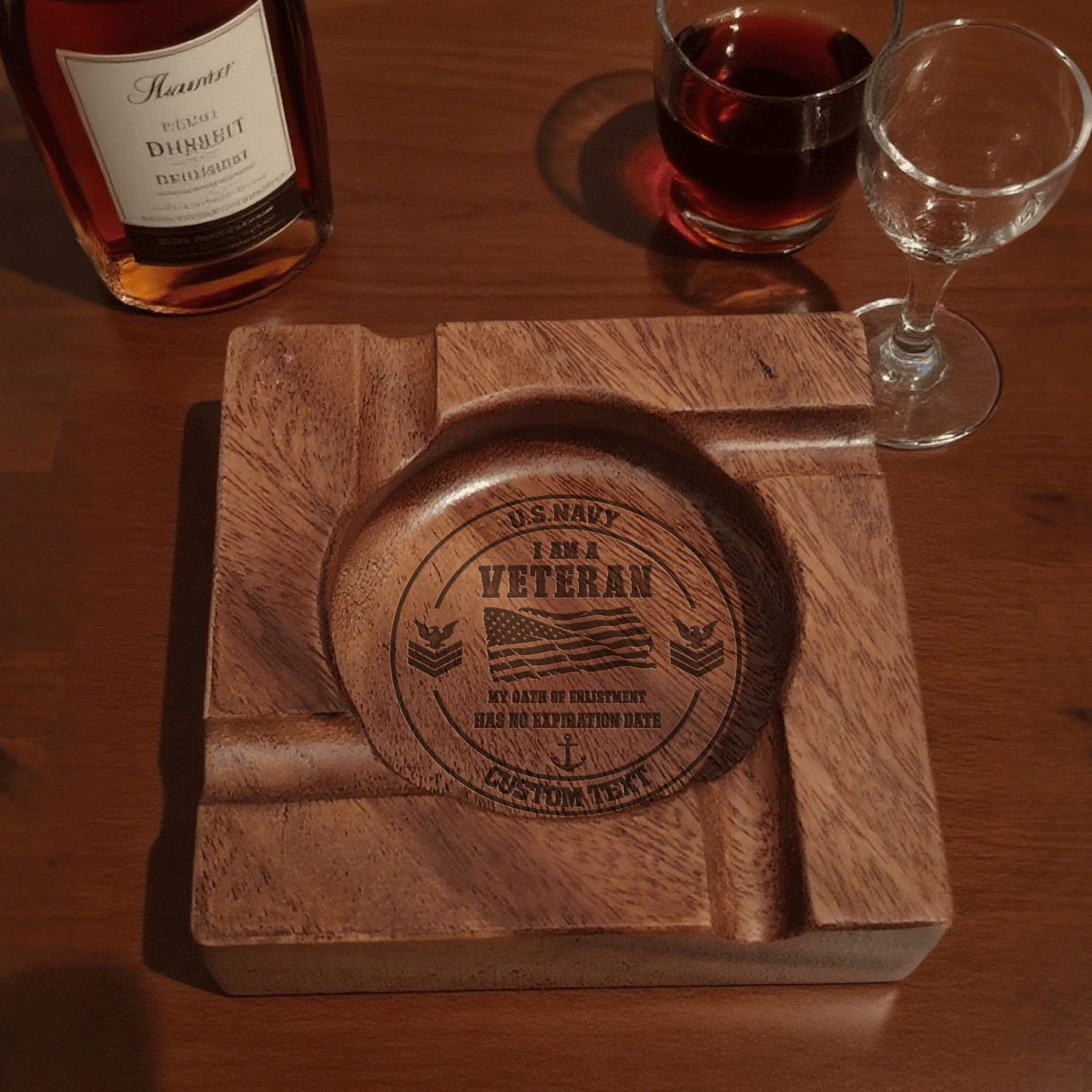 U.S. Navy Personalized Walnut Ashtray Custom Military Rank and Text