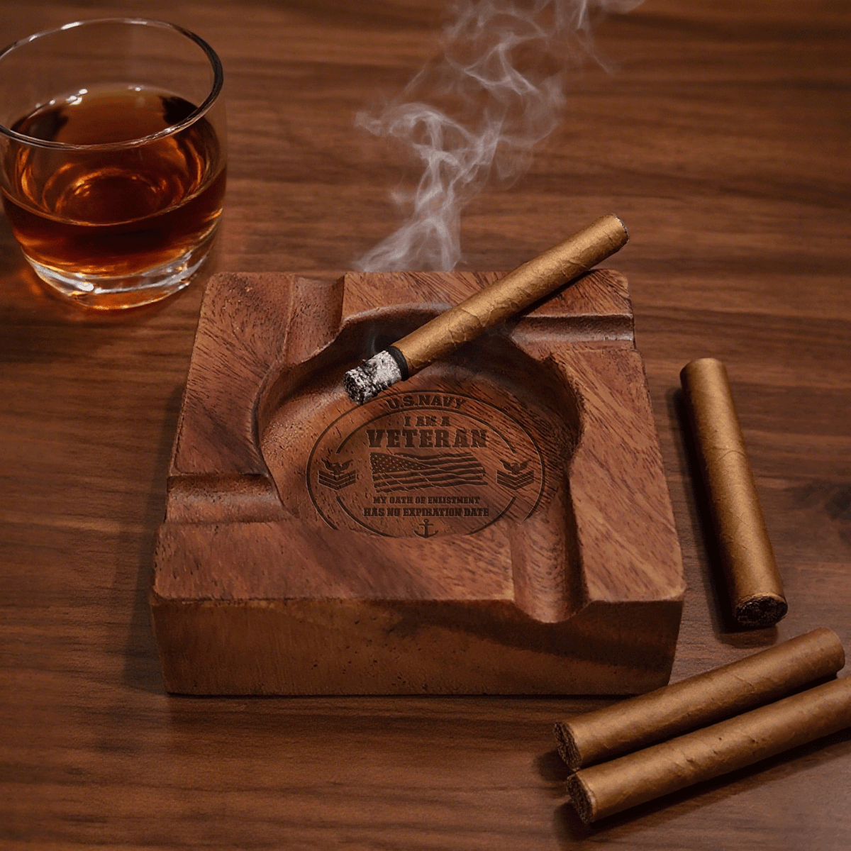 U.S. Navy Personalized Walnut Ashtray Custom Military Rank and Text