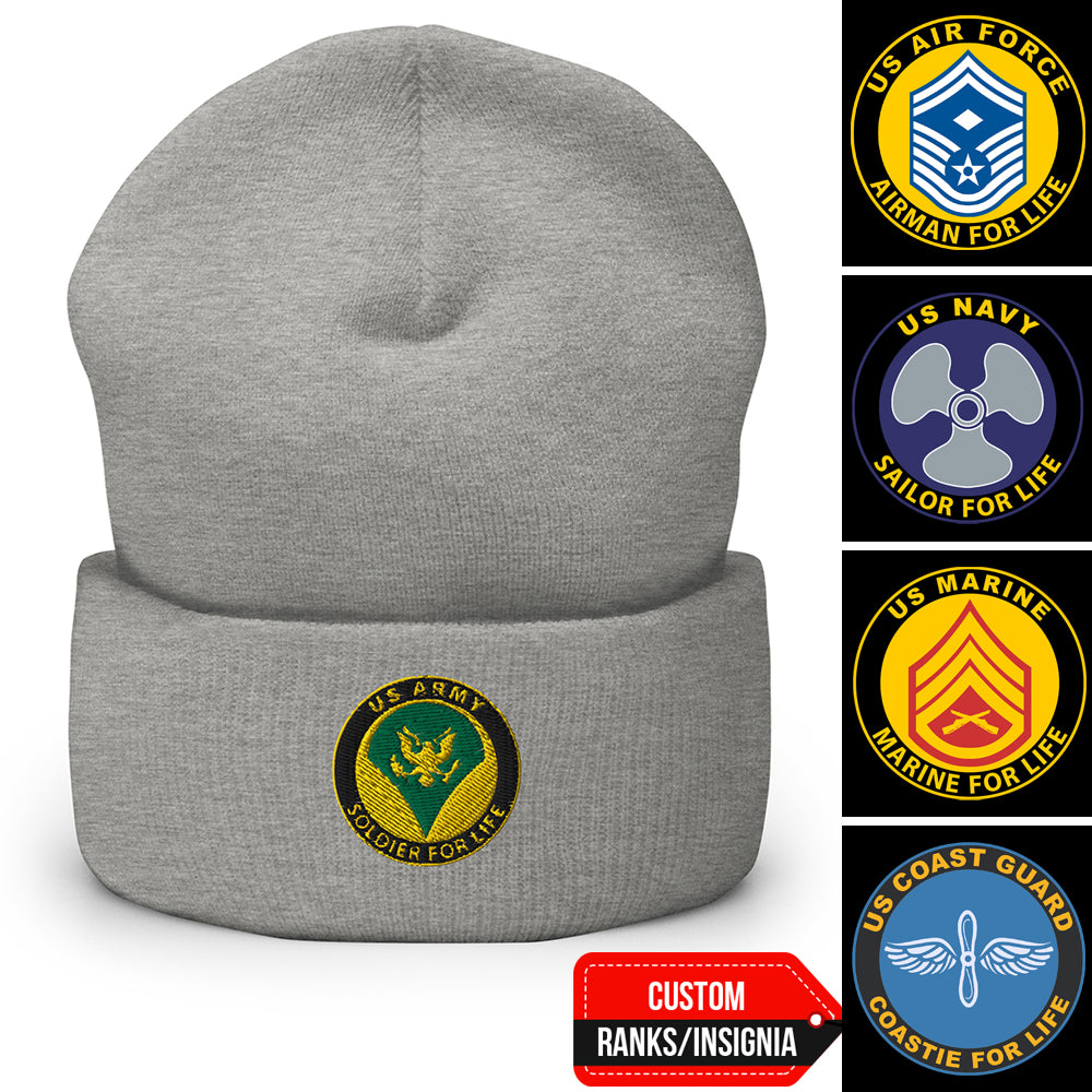 US Military Soldier, Sailor, Airman For Life Custom Ranks/Insignia Embroidered Beanie