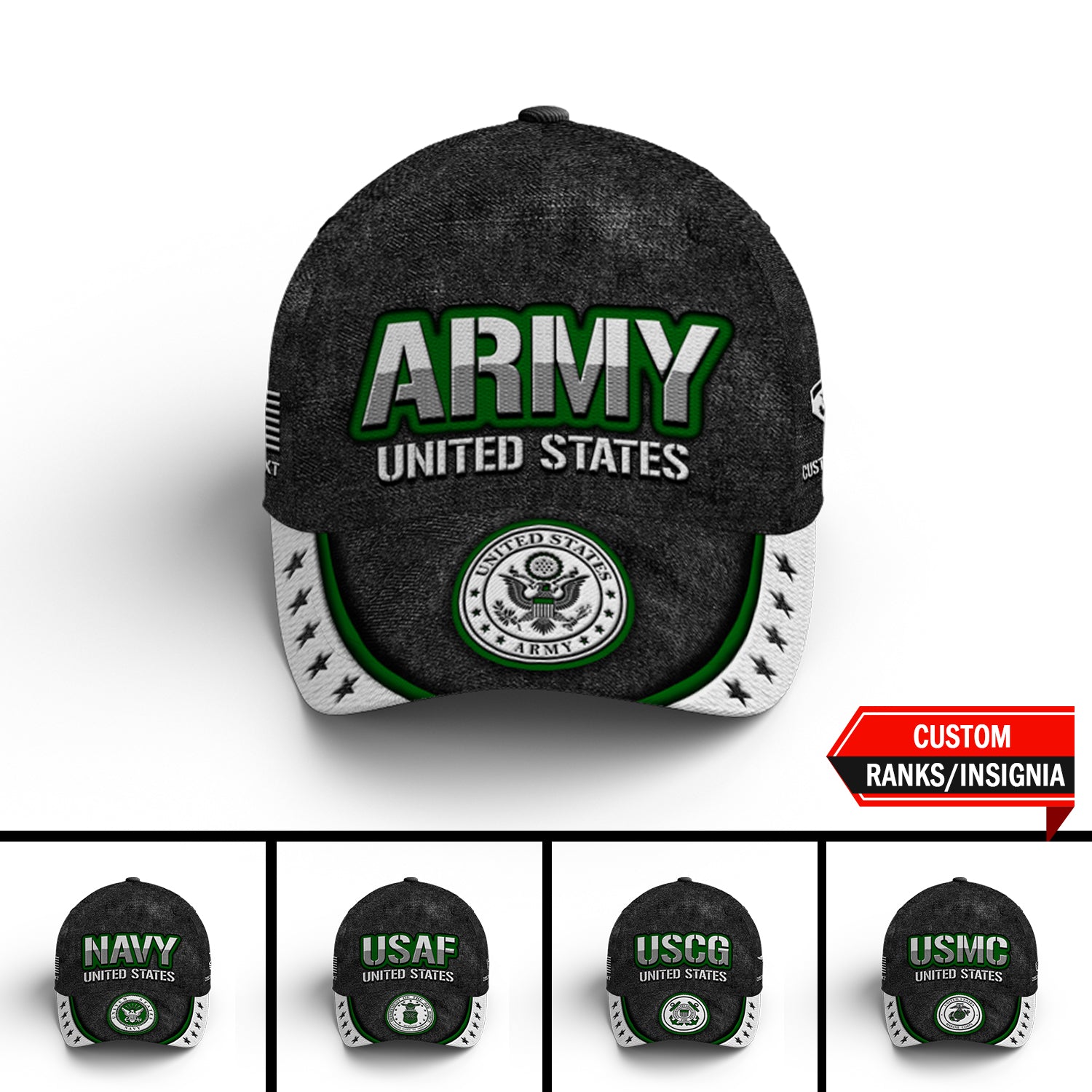 US Military Custom Ranks/Insignia, Personalized Name And Years Served All Over Prints Premium Classic Cap