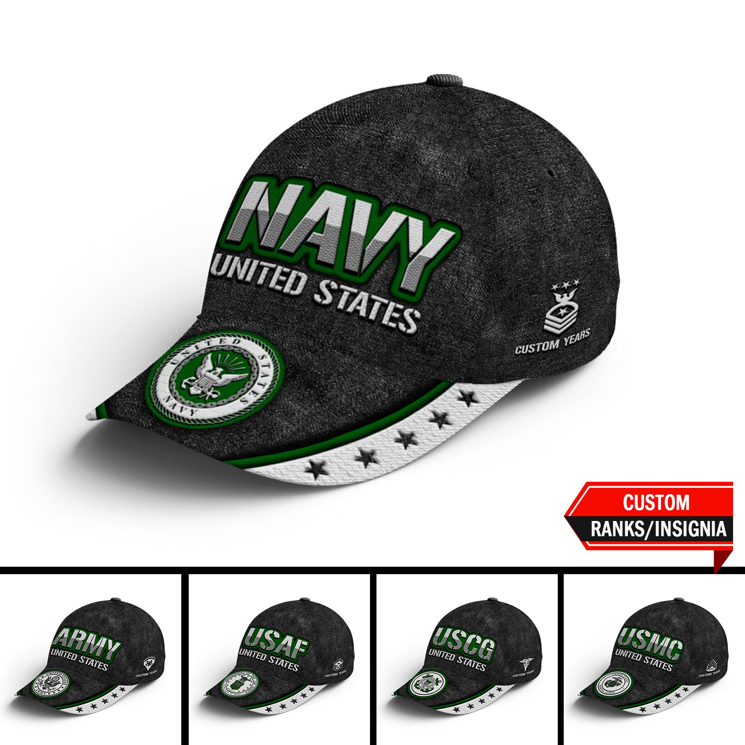 US Military Custom Ranks/Insignia, Personalized Name And Years Served All Over Prints Premium Classic Cap