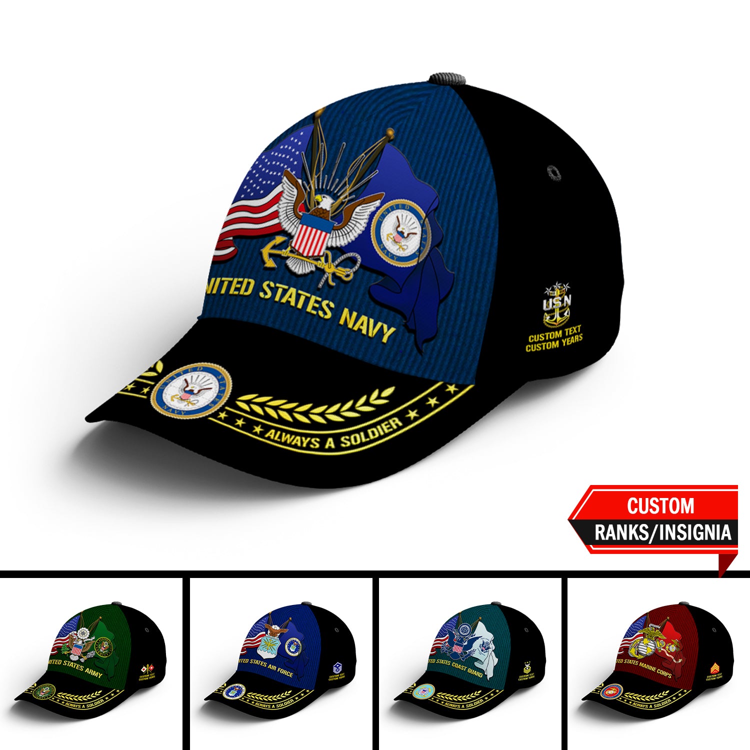 Custom Ranks/Insignia, Personalized Name And Years Served All Over Prints Premium Classic Cap JAOVC06