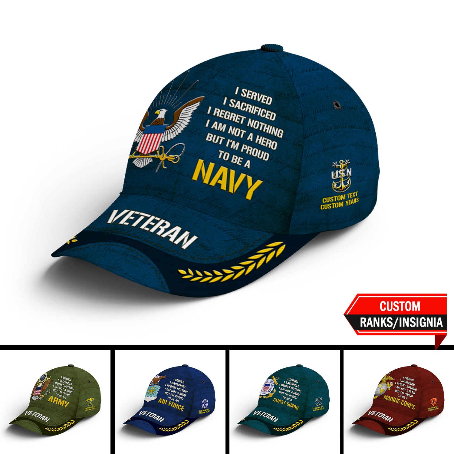 Custom Ranks/Insignia, Personalized Name And Years Served All Over Prints Premium Classic Cap JAOVC09