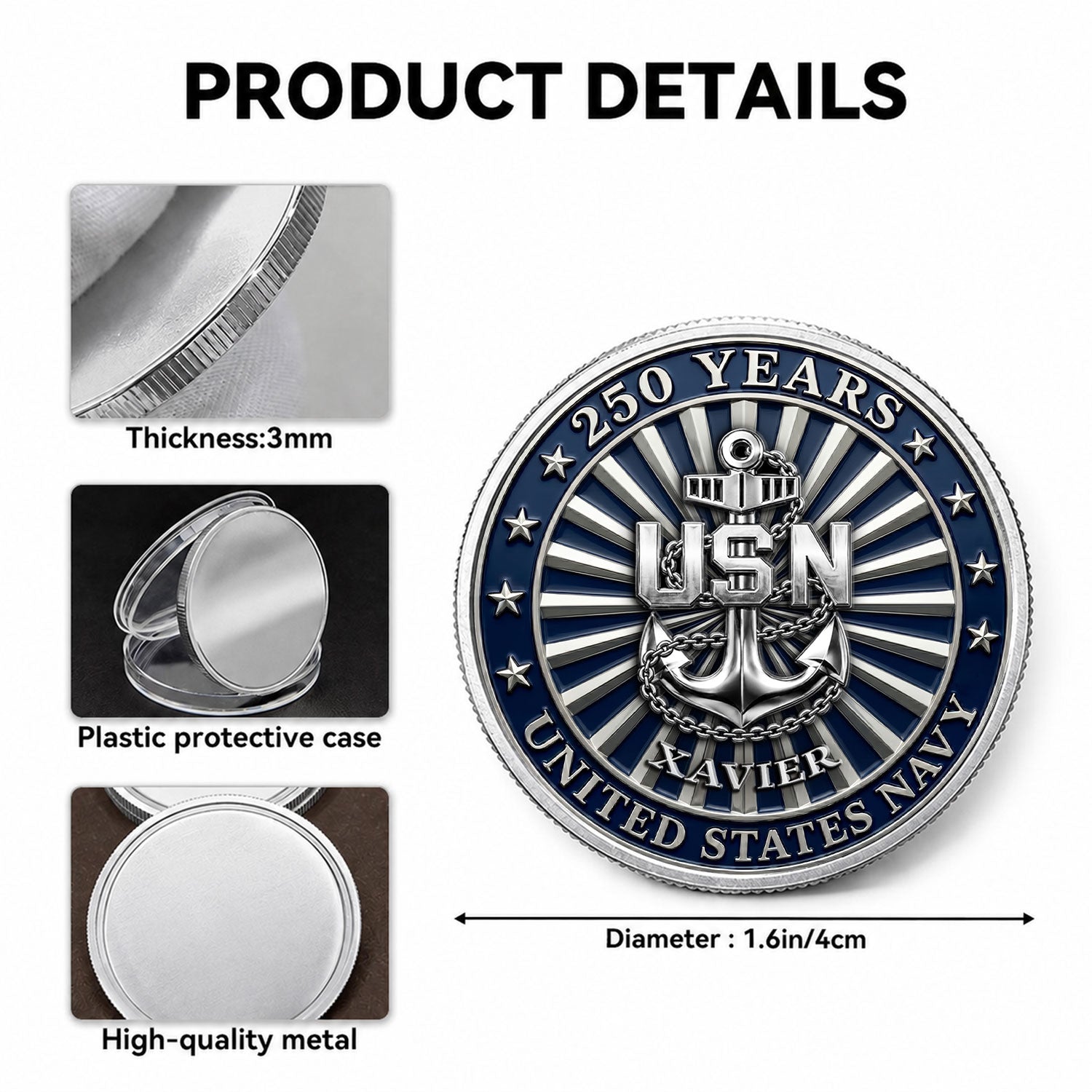 America 250 Custom Navy Rank & Name Personalized 3D Challenge Coin