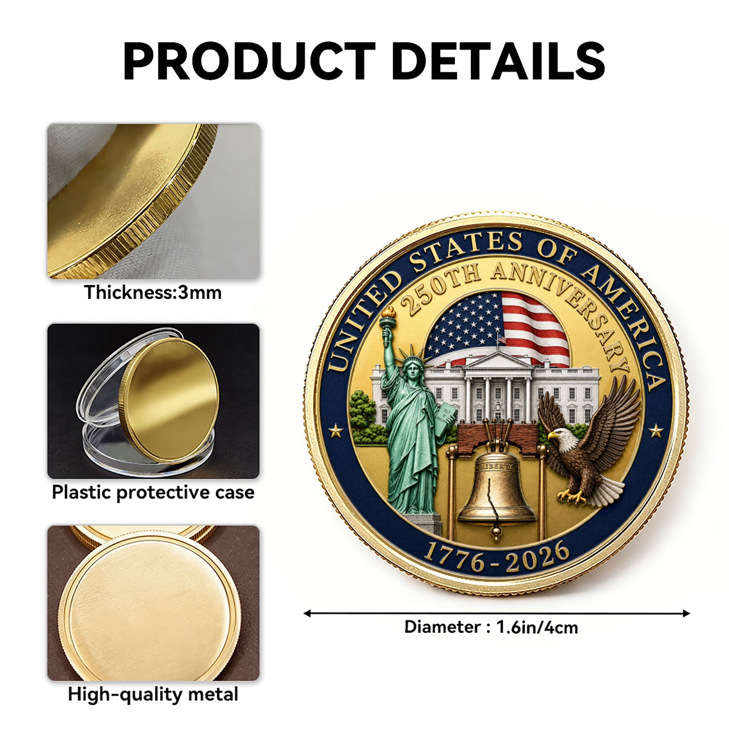 USA 250th Anniversary Custom Rank Name 3D Challenge Coin Gift