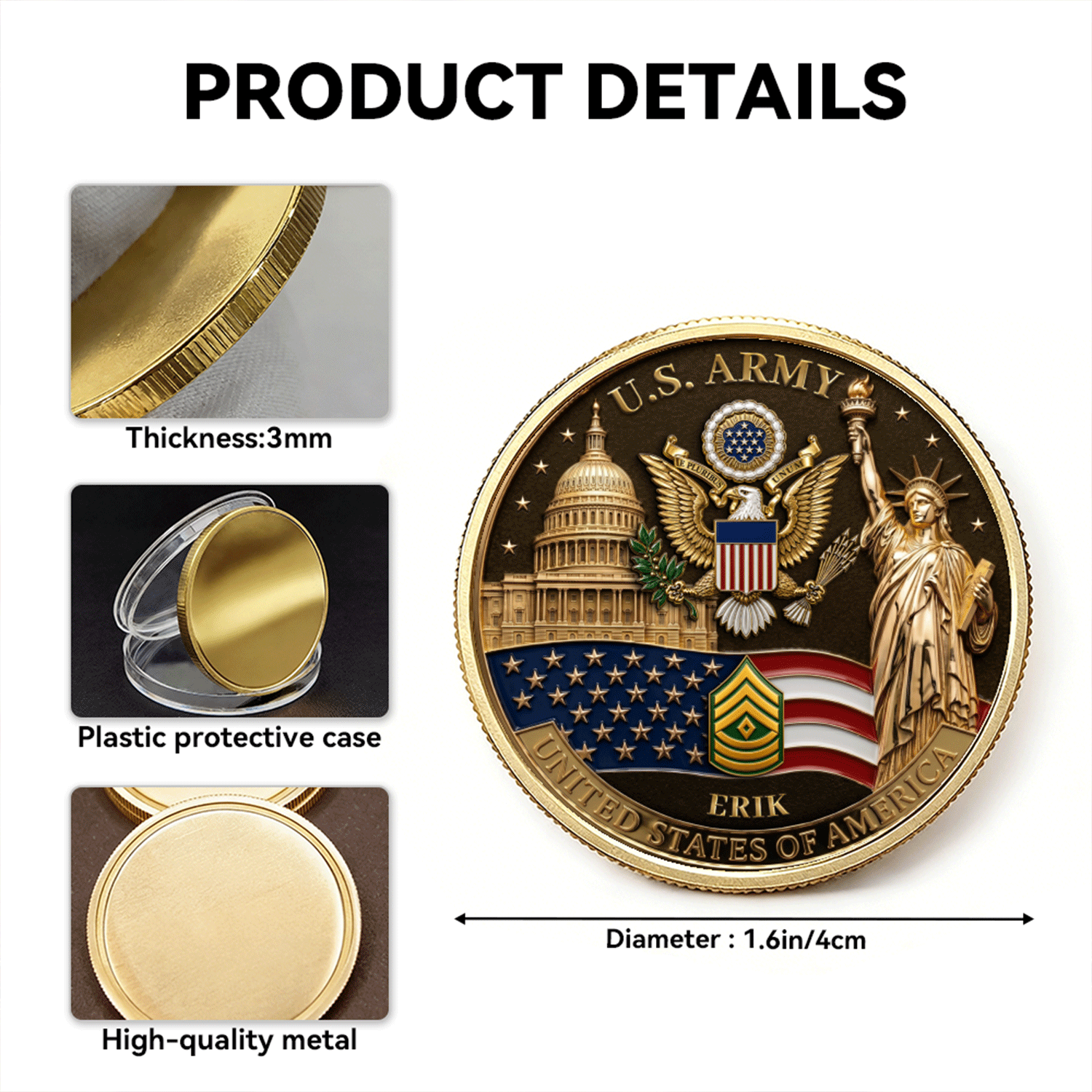 US Army 250th Anniversary Custom Rank 3D Challenge Coin Gift