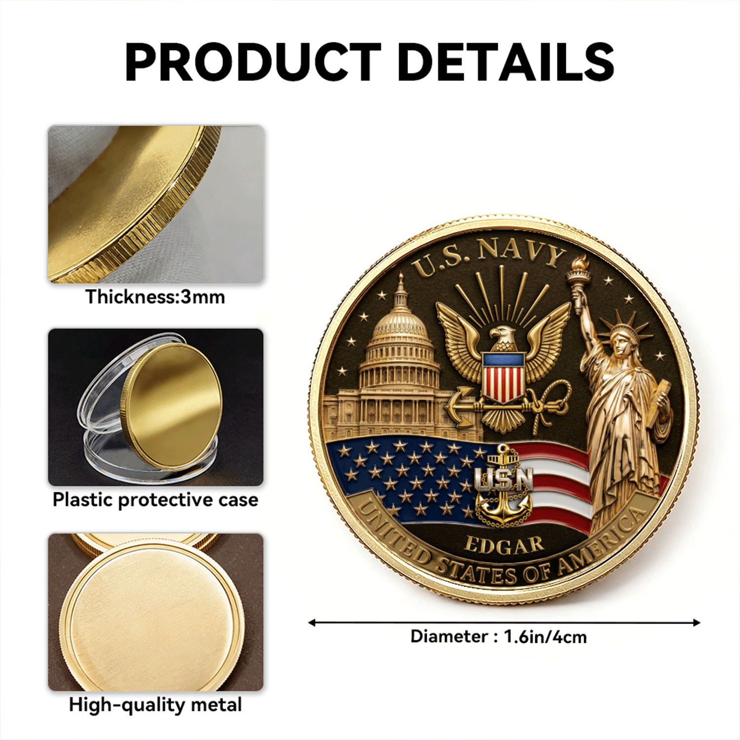 US Navy Veteran Personalized Rank Name 3D Challenge Coin