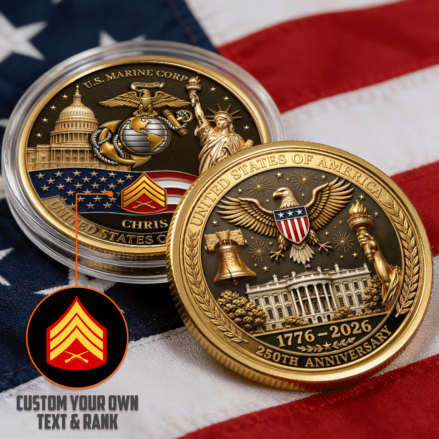USA 250 USMC Military Rank Personalized 3D Challenge Coin