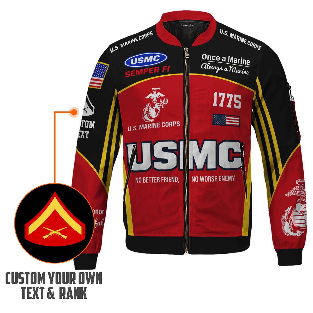 U.S. Marine Corps Military Bomber Jacket Custom Name Rank for Veterans